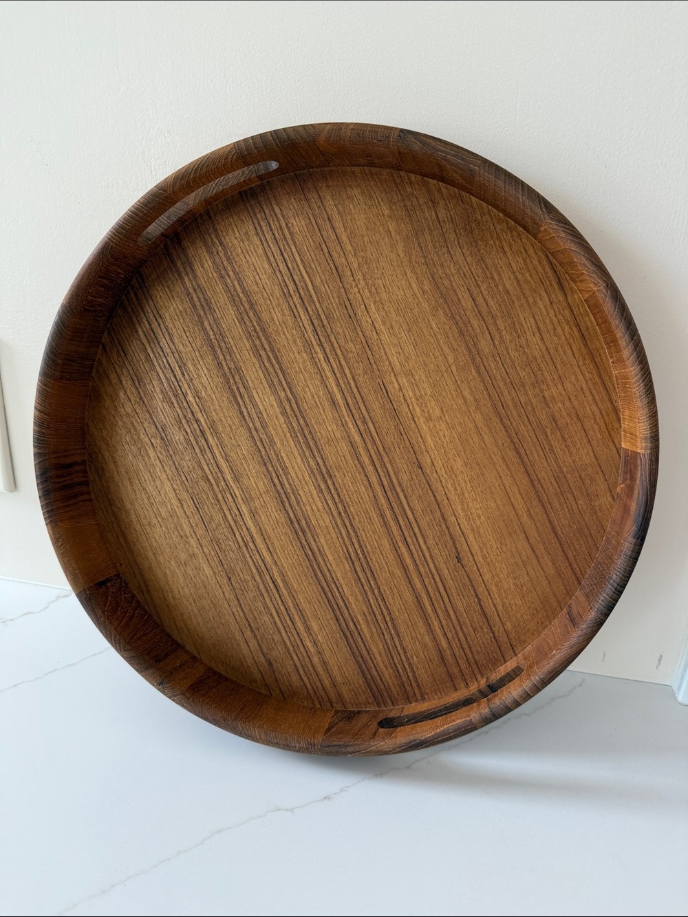 14” Round Good Wood Teak Serving Tray with Handles Vintage MCM